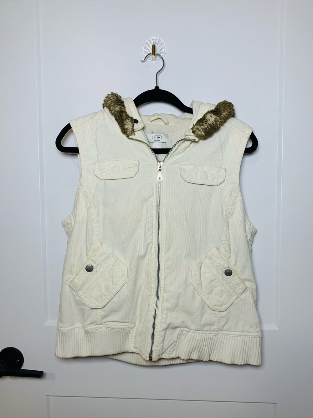 LOFT Cream Hooded Faux-Fur Trim Vest
